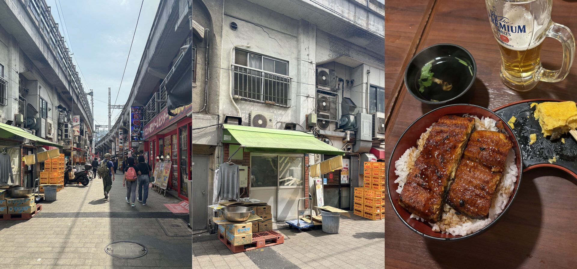 Photos of Ameyoko Market and a  Unadon dish