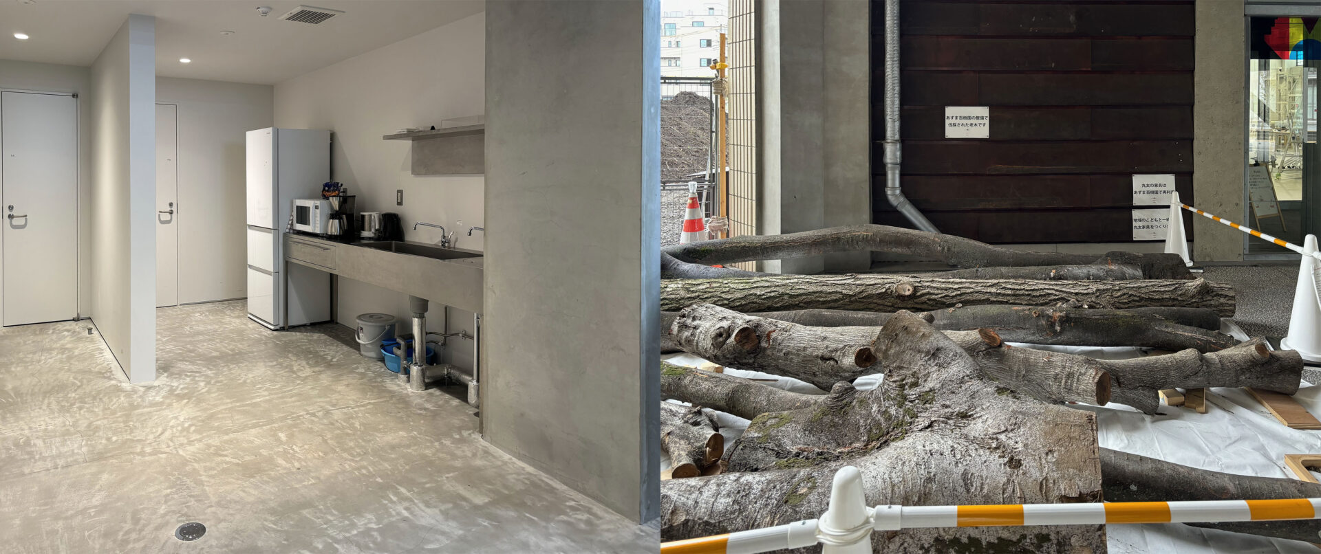 Maker space at the Chiva University – the kitchenette inside (left) & the timber outside (right)